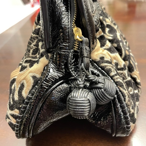 Isabella Fiore Tapestry Style Pattern Fabric & Black Patent Leather hand bag. - Picture 9 of 9